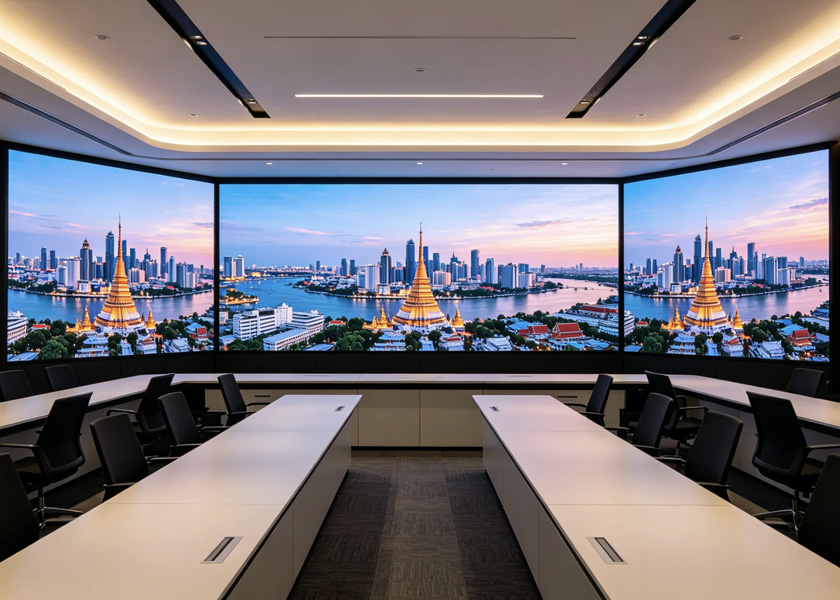 QDCOB P1.25 fine pitch LED video wall installed in Thailand enterprise conference room, three indoor LED screens for corporate meeting space